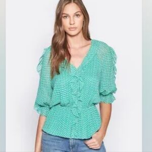 NWT Joie 100% Silk Zaida Top in Palm Green Peplum Blouse with Ruffled Sleeves